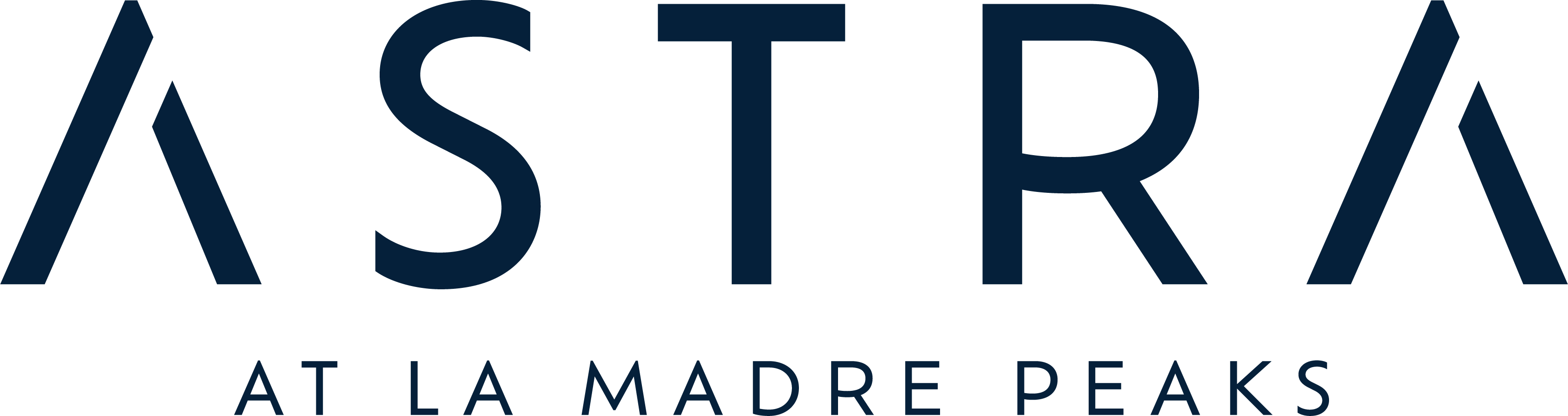 Logo with the word ASTRA in large, modern font. Below it, smaller text reads AT LA MADRE PEAKS. The clean design features stylized A letters resembling mountain peaks, inspired by the stunning lots and landscapes of Nevada.