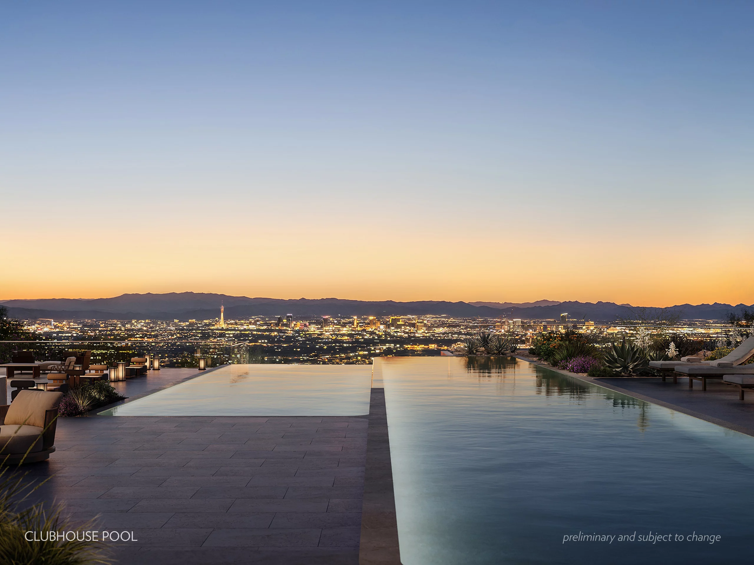 ClubHouse_Pool_w_Caption Infinity pool at sunset overlooking the Las Vegas cityscape and distant Nevada mountains; modern lounge chairs surround the estate pool as city lights illuminate the horizon. Text reads “CLUBHOUSE POOL” and “preliminary and subject to change.”.